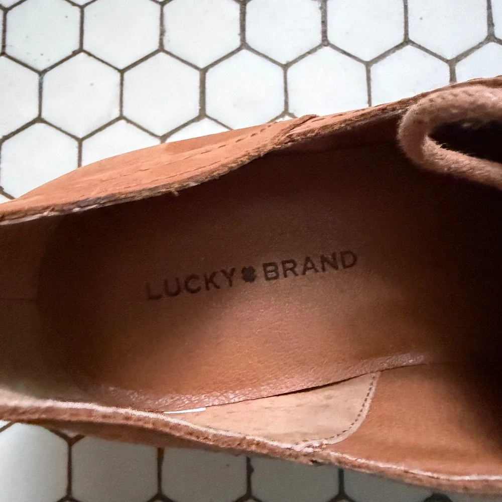 Lucky Brand Efinnia Tan Brown Leather Lace Up Oxford Flats Menswear Style 9.5M
